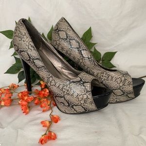Liliana platform peep toe heel, faux leather snakeskin pattern